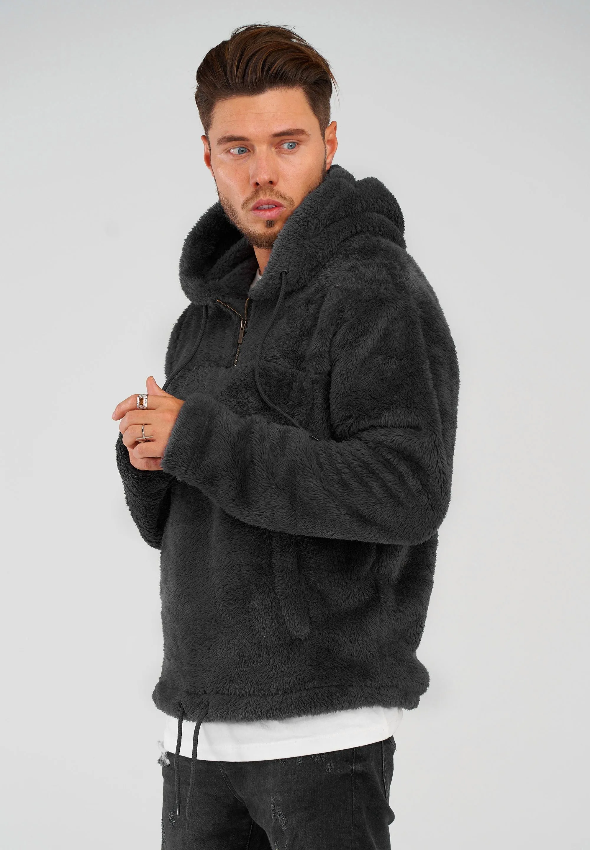 Teddy Fleece 1/4 Zip-Hoodie MT-7453 Schwarz