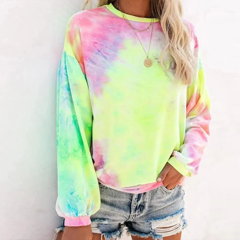 Turtleneck Long-Sleeved Tie-Dye T-Shirt Women Loose Top